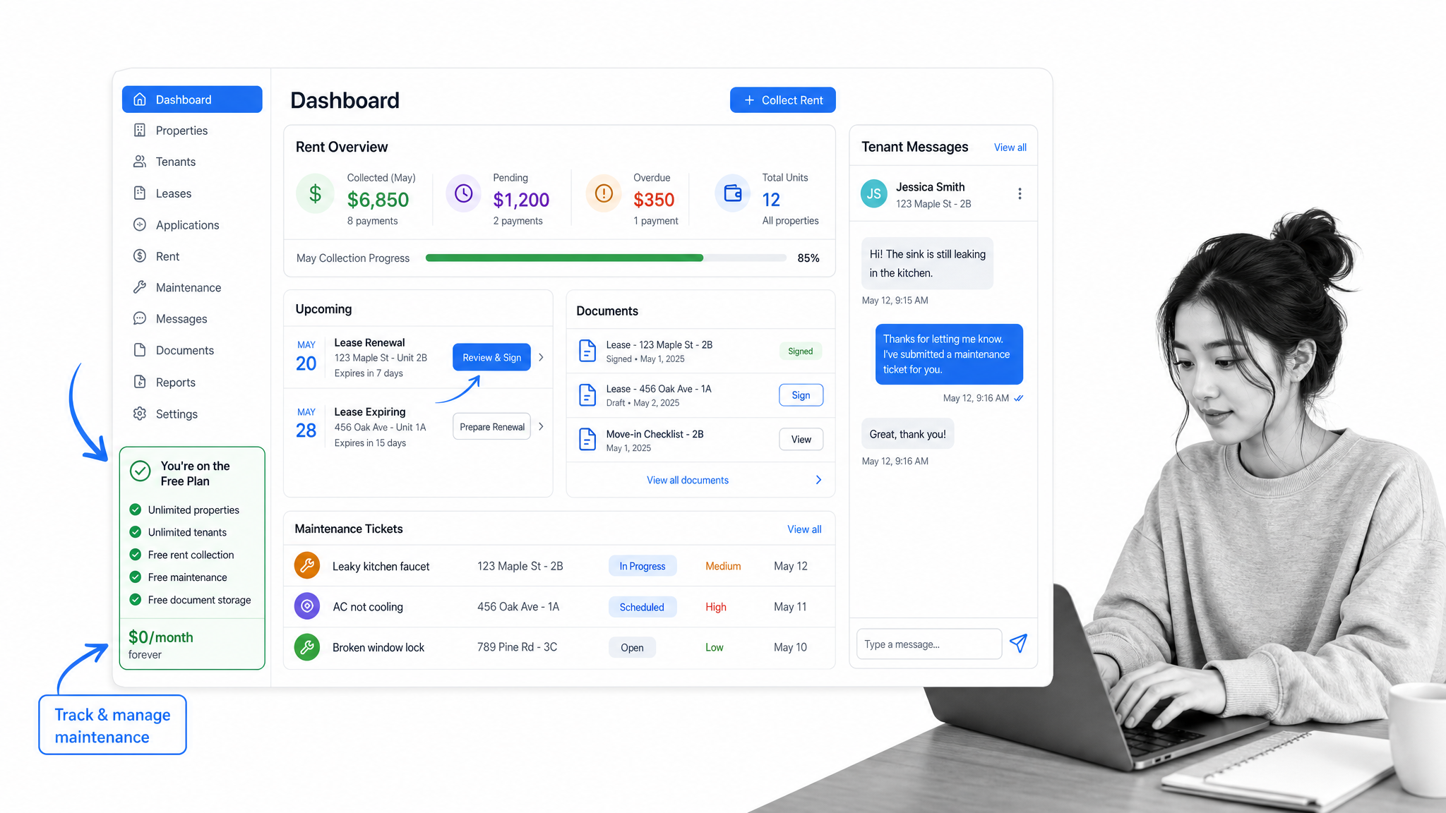 Innago lease management software interface showing free landlord dashboard.