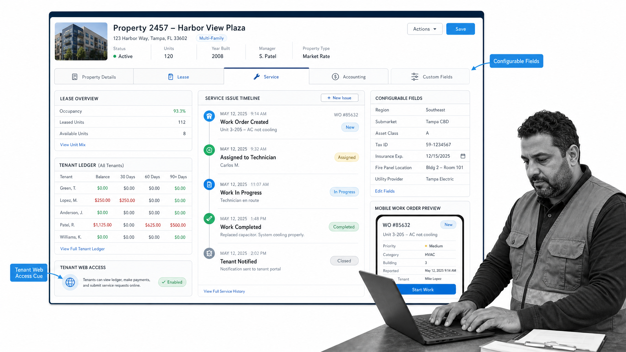 Rent Manager lease management software interface showing custom portfolio database.