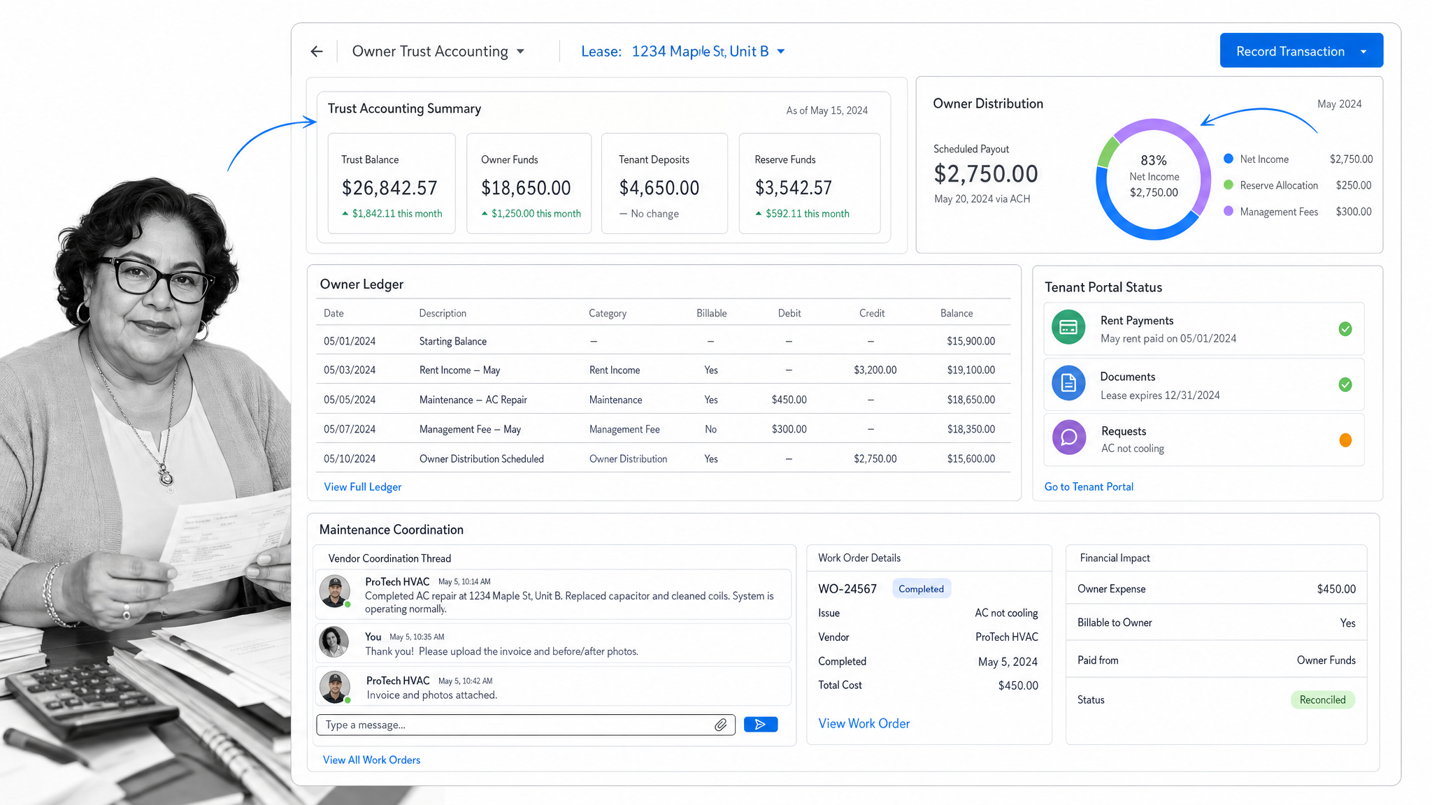 Rentvine lease management software interface showing trust accounting dashboard.