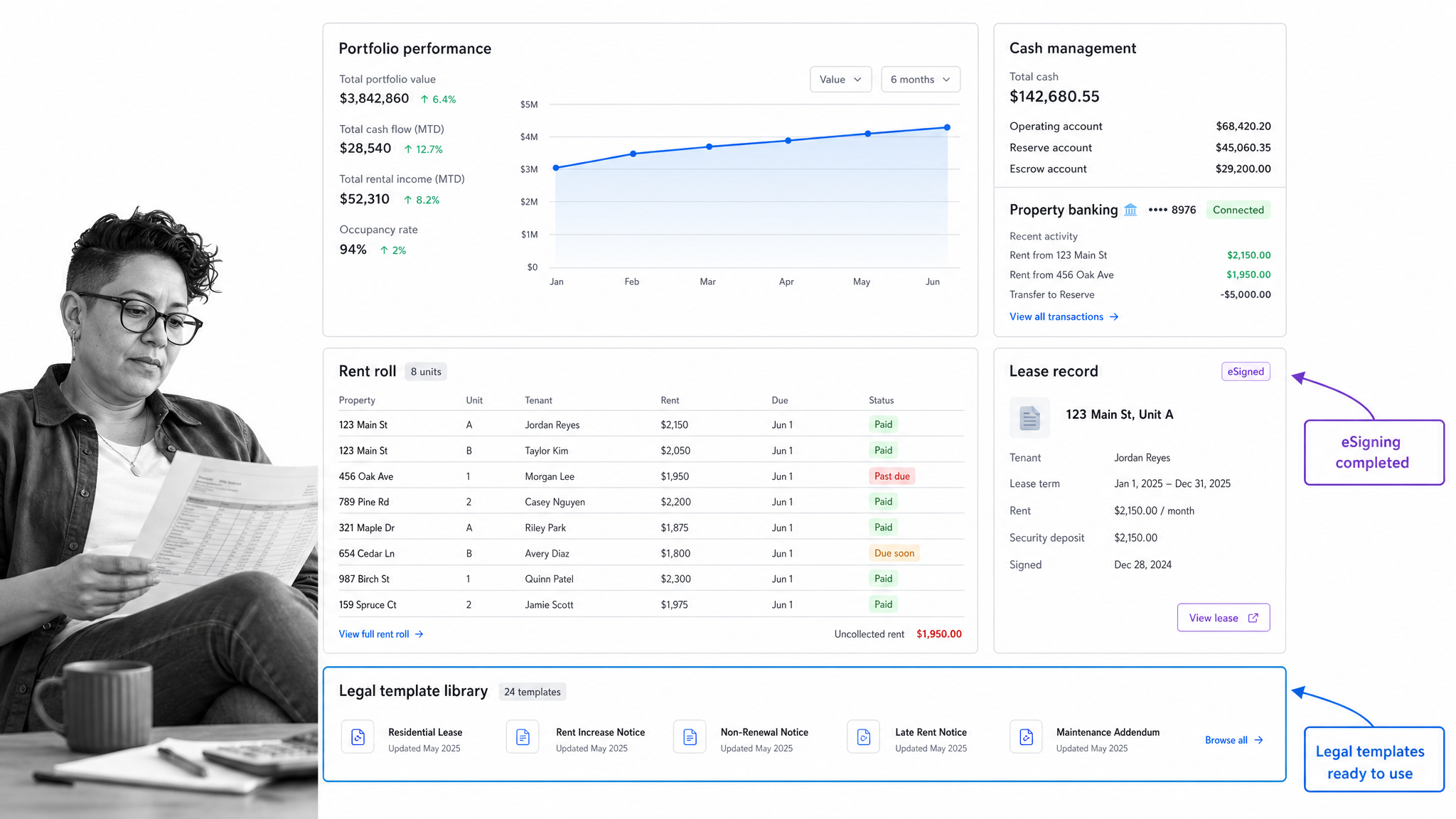 Stessa lease management software interface showing portfolio finance dashboard.
