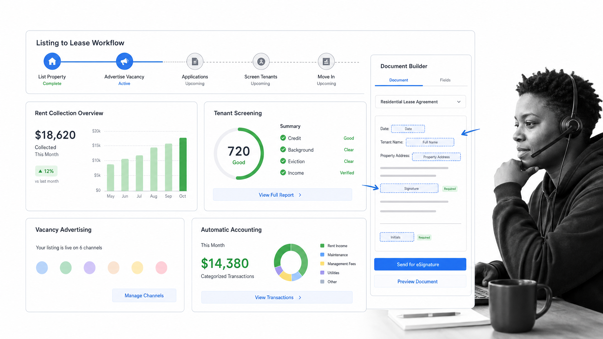TenantCloud lease management software interface showing rental management dashboard.