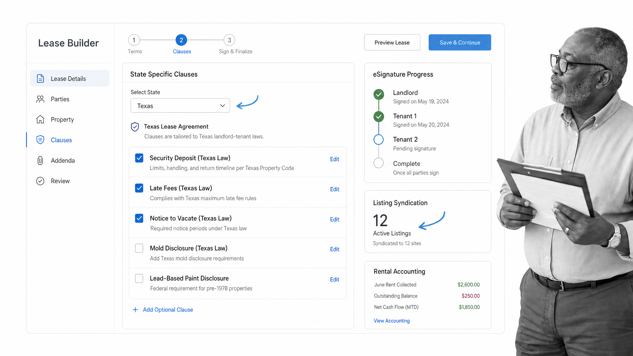 TurboTenant lease management software interface showing lease agreement builder.