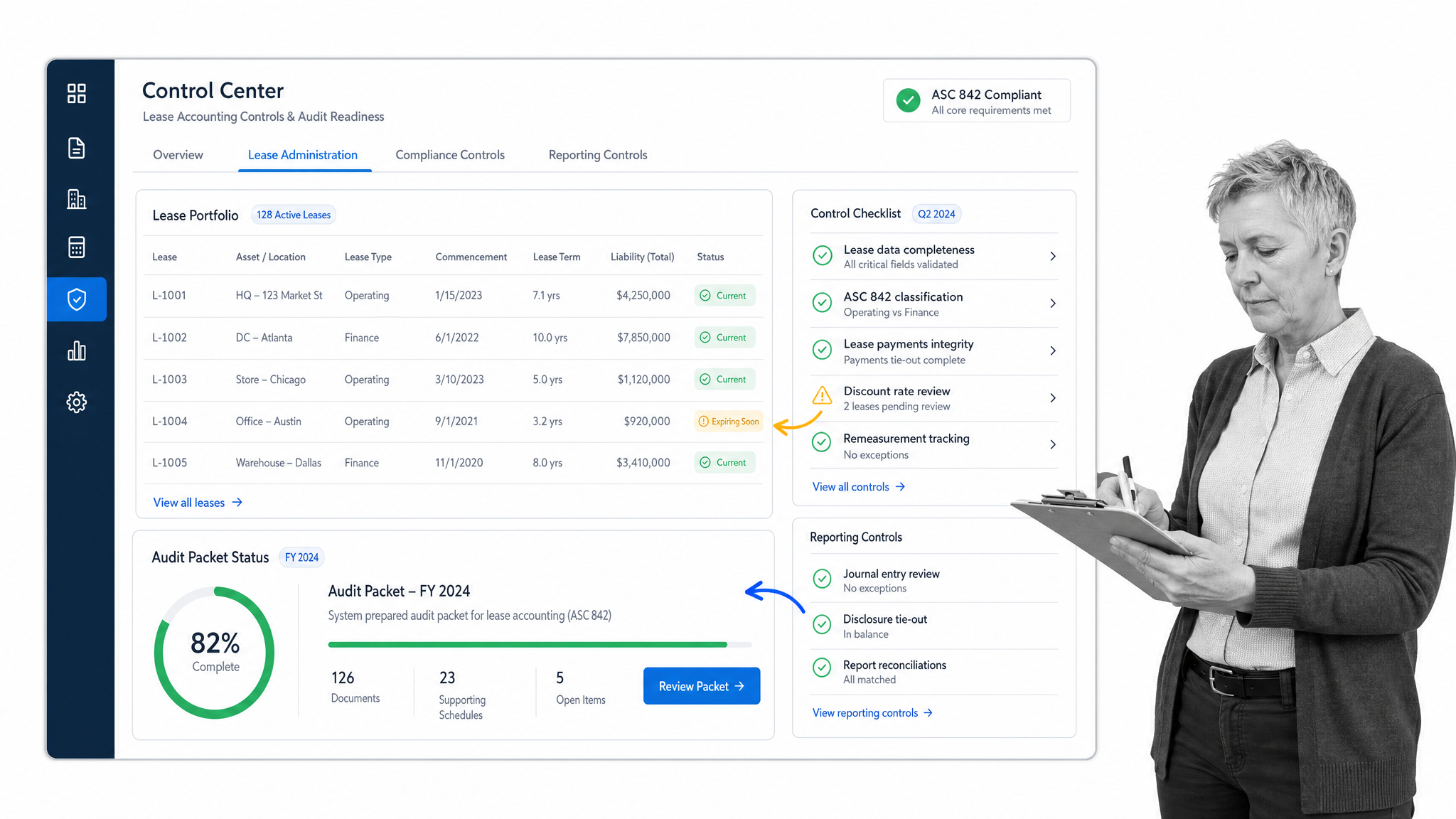 Visual Lease lease management software interface showing lease accounting control center.