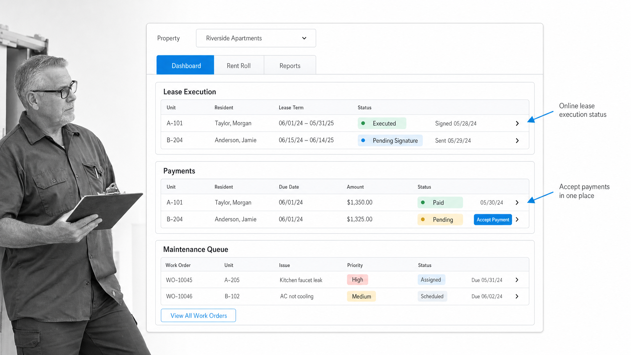 Yardi Breeze lease management software interface showing property dashboard.