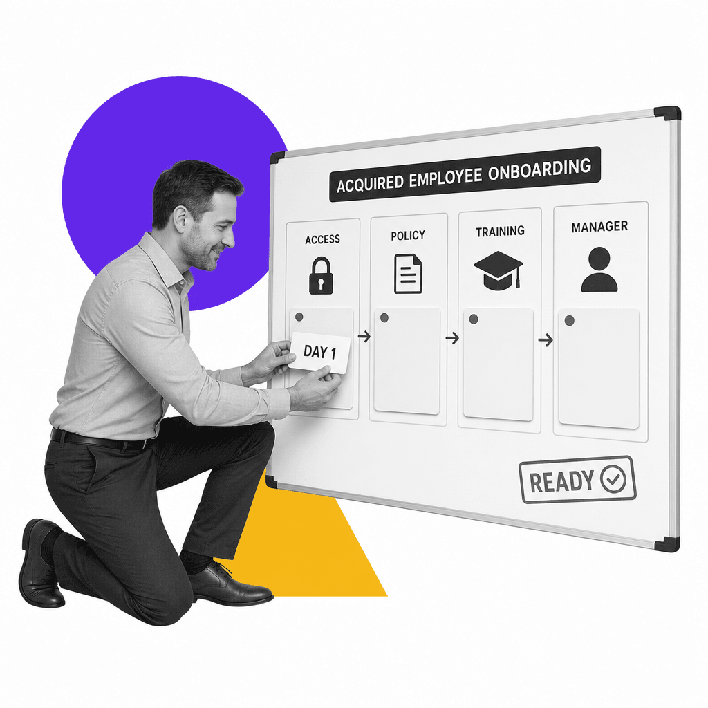 Integration lead arranging acquired employee onboarding workflow cards on a board.