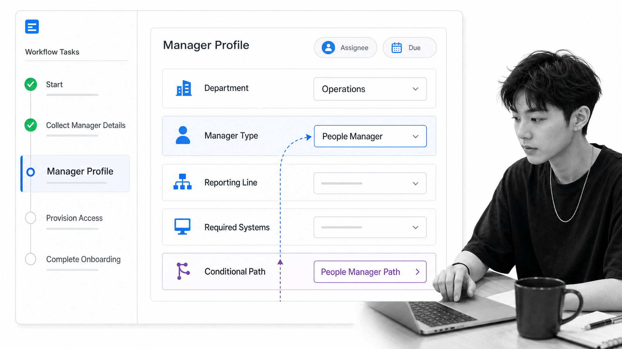 Process Street manager onboarding workflow task capturing the manager profile and role-specific routing details.