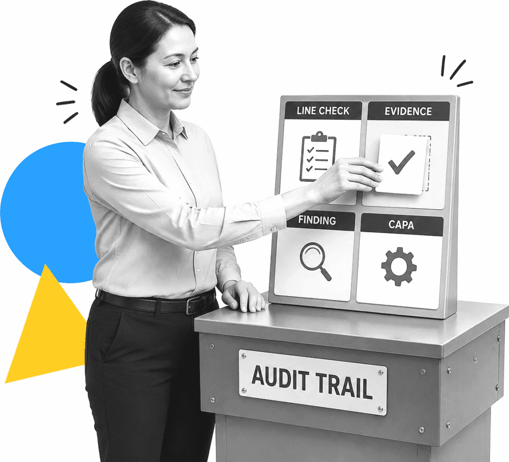 Quality manager reviewing manufacturing audit evidence beside a workflow board