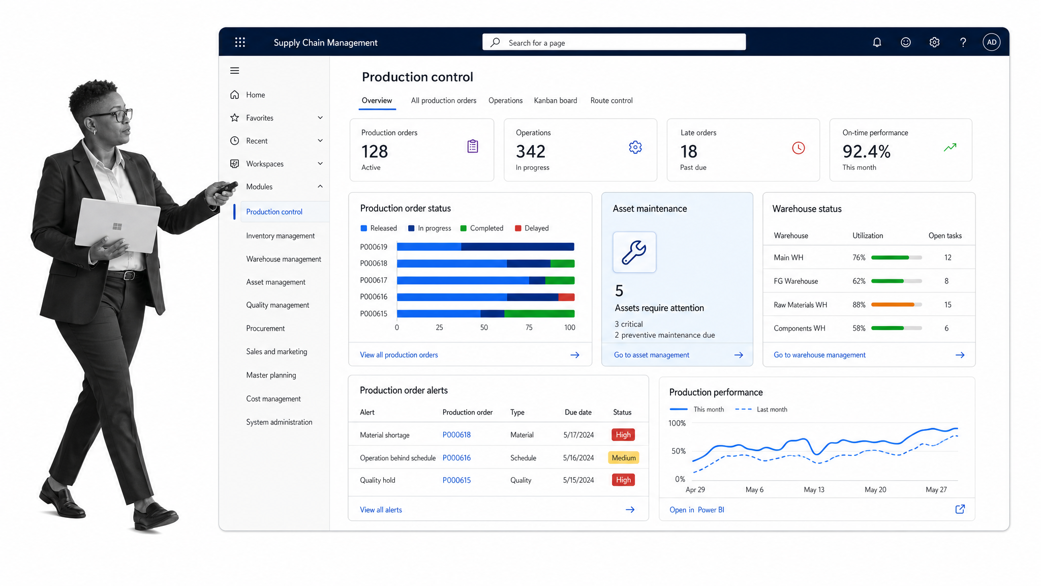 Microsoft Dynamics 365 Supply Chain Management manufacturing management software interface for production teams