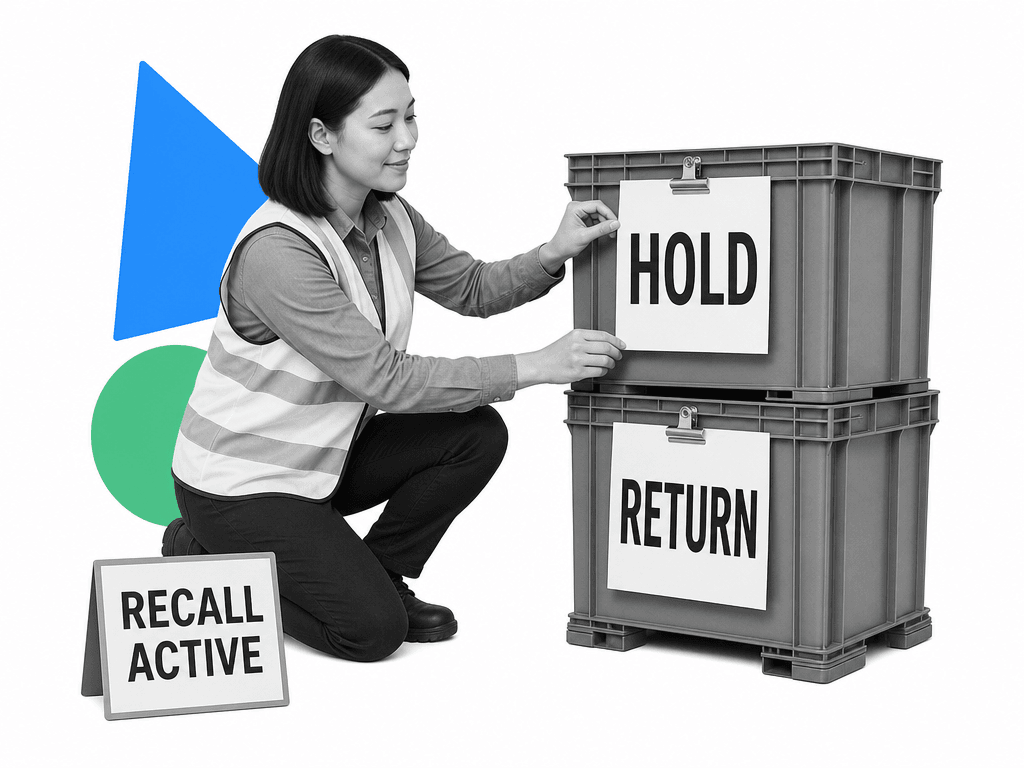 Regulatory affairs lead kneeling beside finished-goods crates labeled HOLD and RETURN with a RECALL ACTIVE plaque.