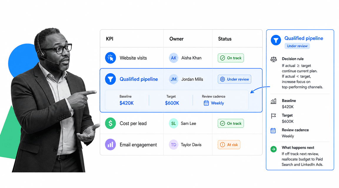 Marketing KPI scorecard with owner status and campaign decision rules