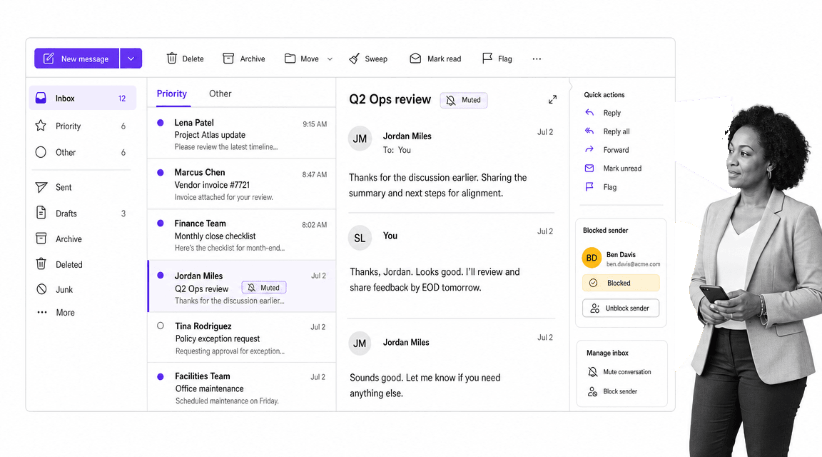 Outlook tips image showing a muted conversation and blocked sender controls