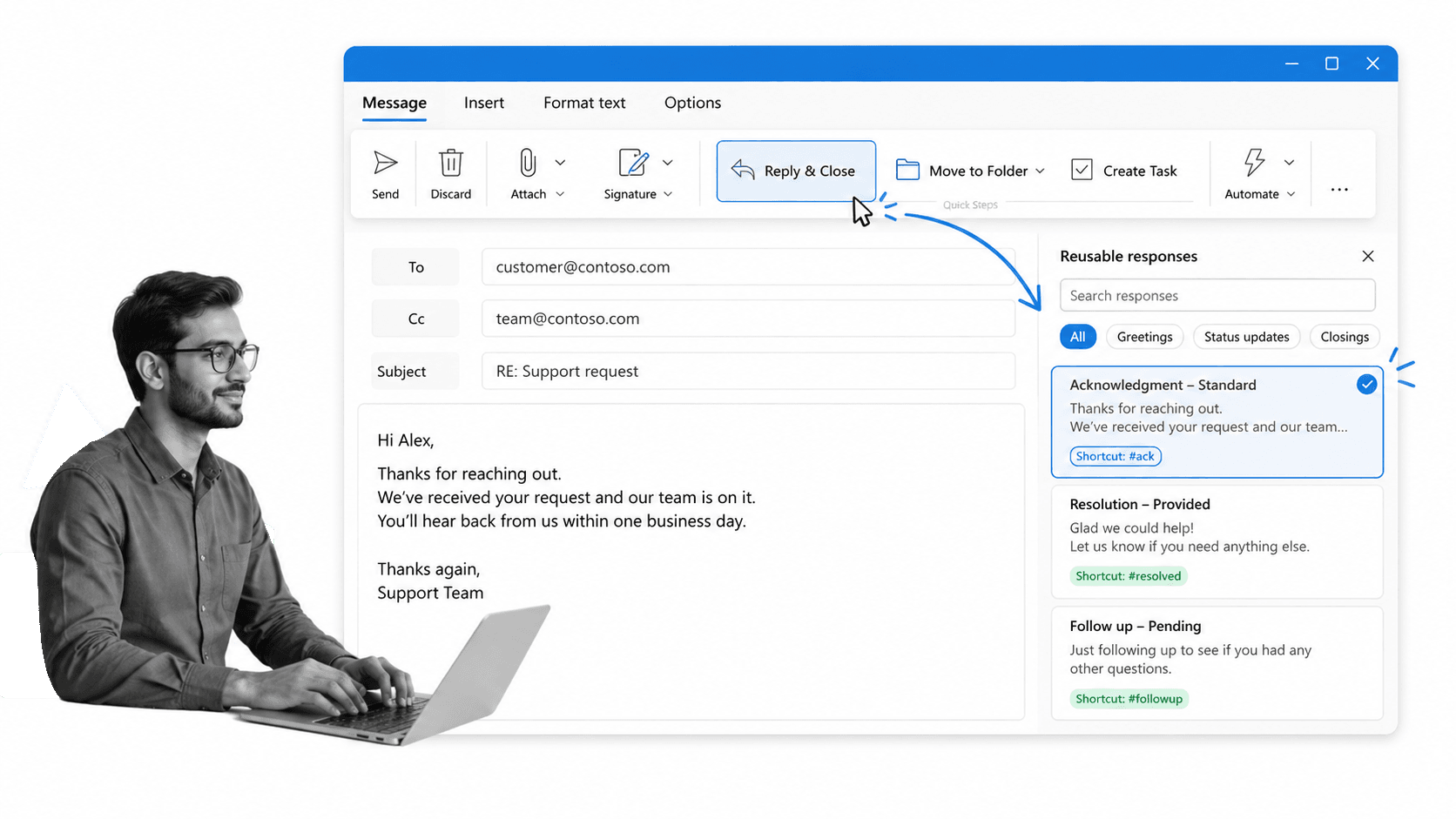 Outlook Quick Steps and reusable response image for repeated email work