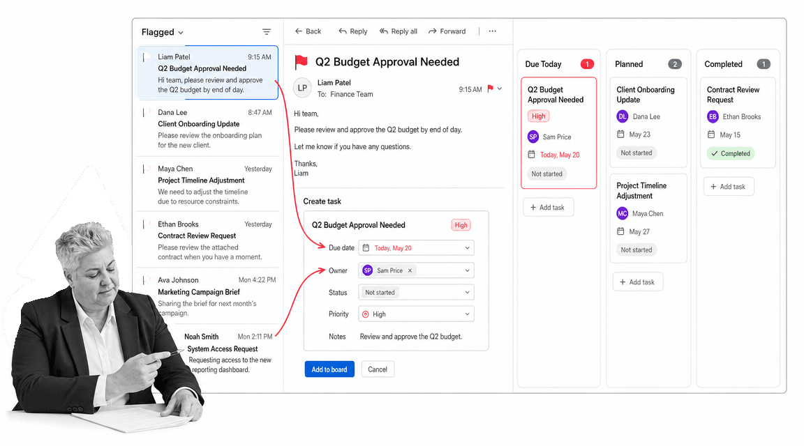 Outlook flagged email task board image for accountable follow up