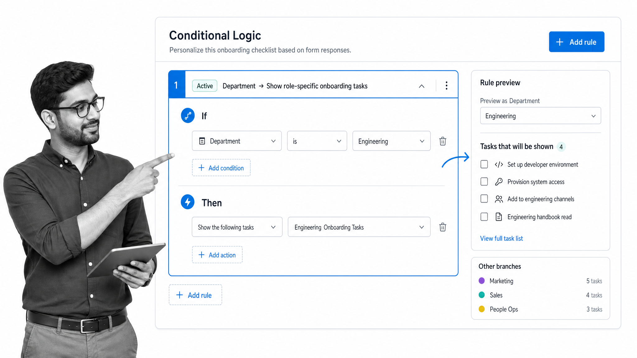 Process Street conditional logic rule personalizing new hire onboarding tasks based on the selected department