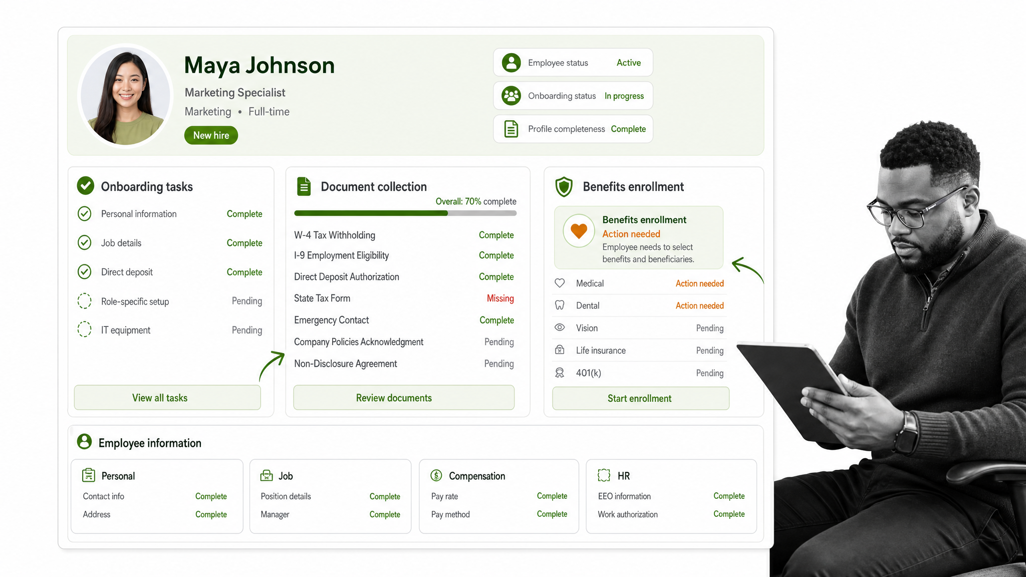 BambooHR-style employee onboarding profile with paperwork, benefits, and task status panels.