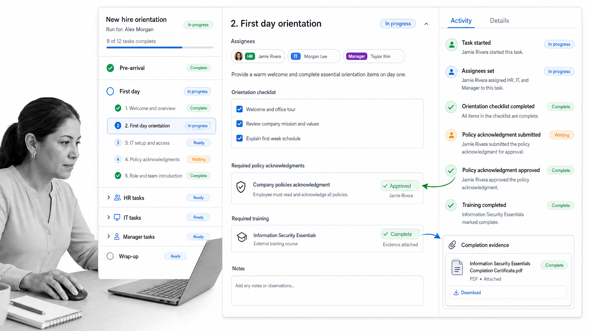 Process Street new hire orientation workflow with tasks, assignees, approvals, and audit evidence.