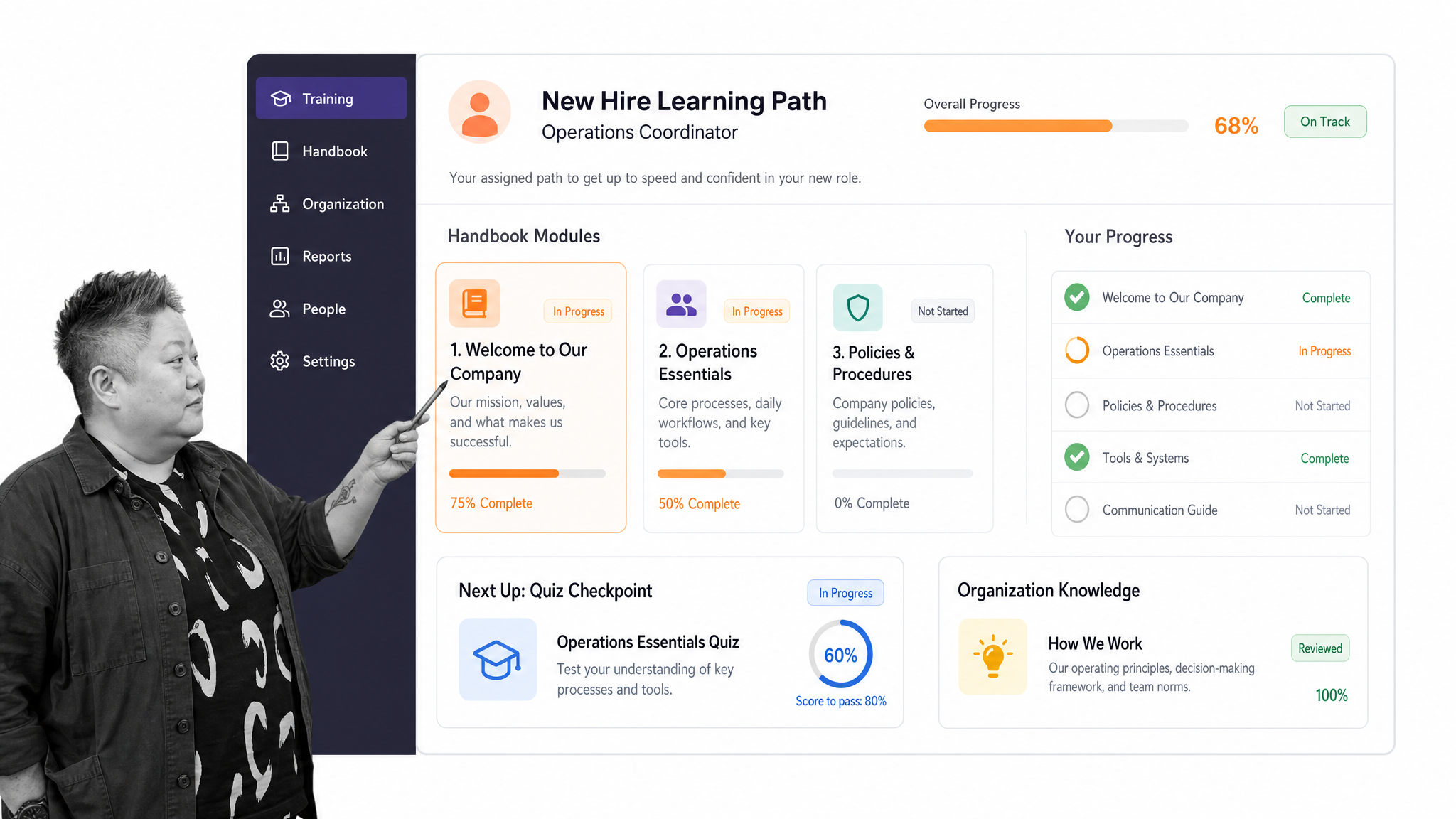 Trainual-style new hire training workspace with handbook modules and learning progress.
