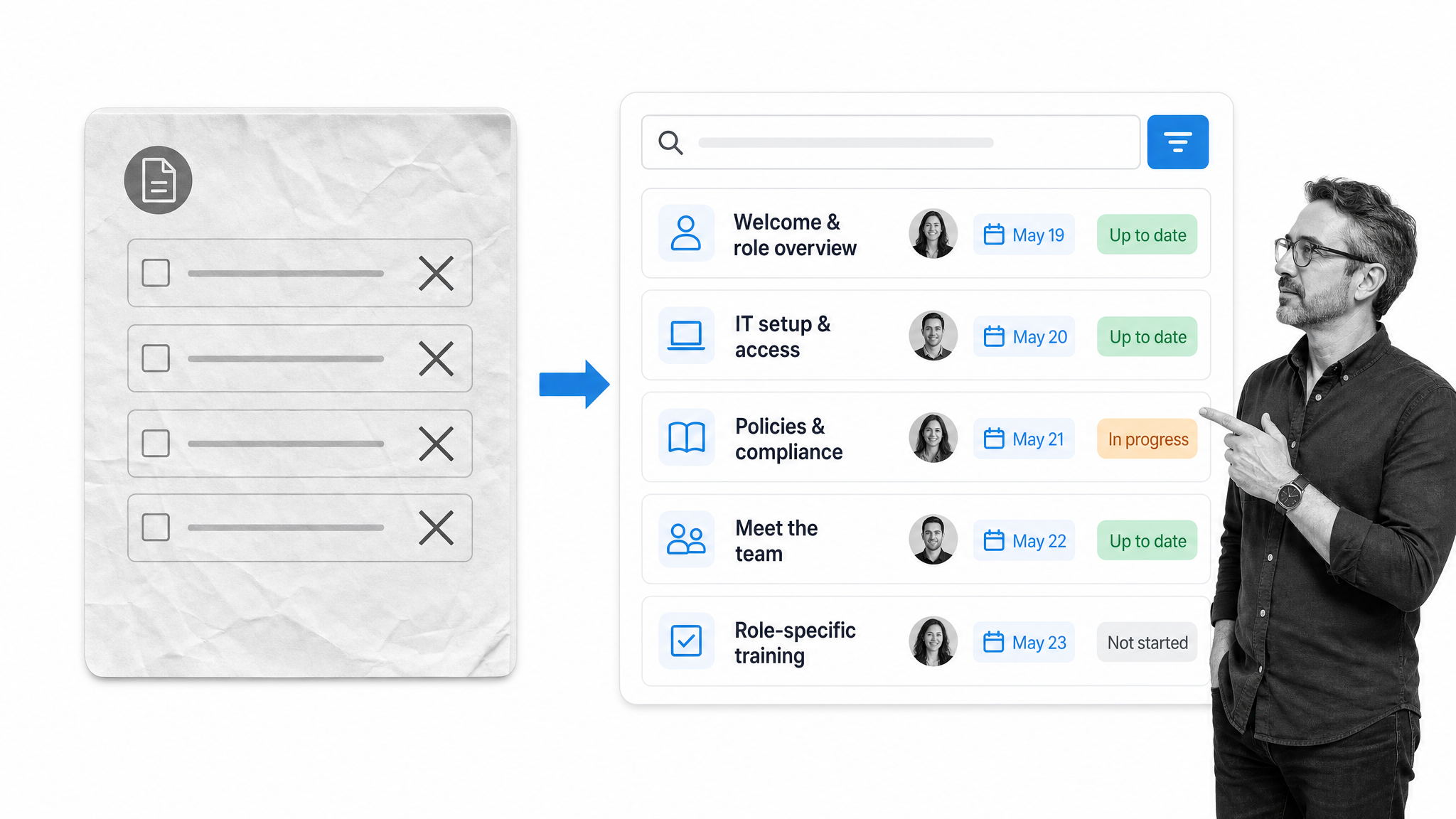 Paper onboarding checklist compared with a searchable digital workflow