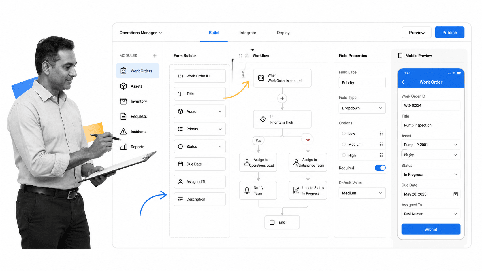 Zoho Creator operations management app interface with operator