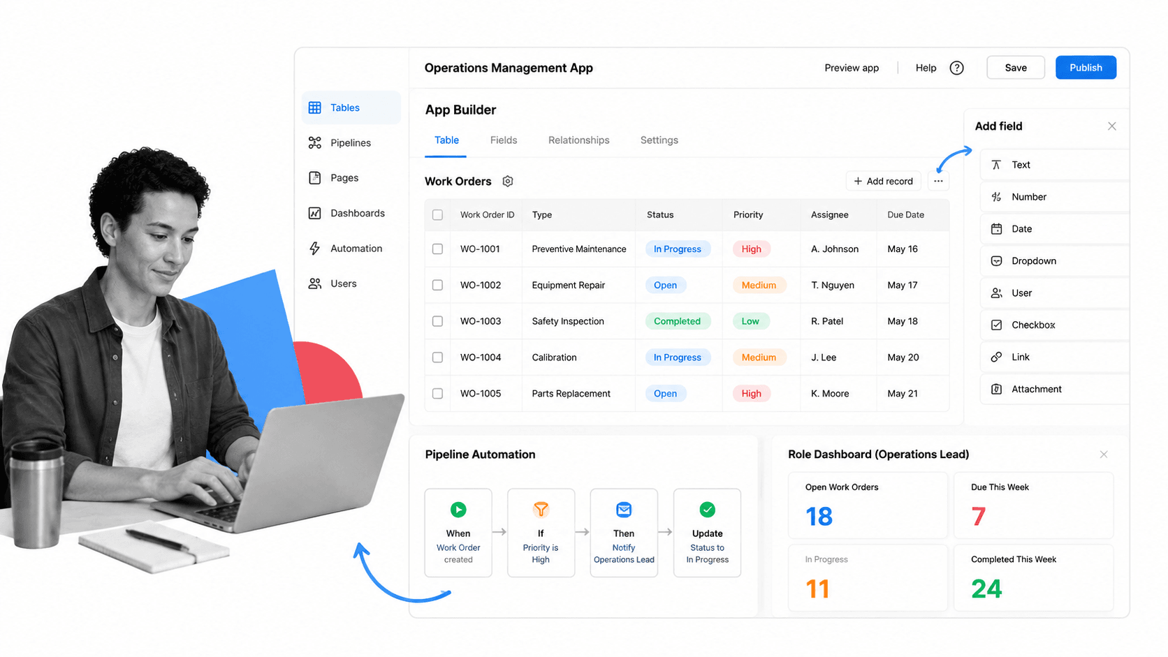 Quickbase operations management app interface with operator