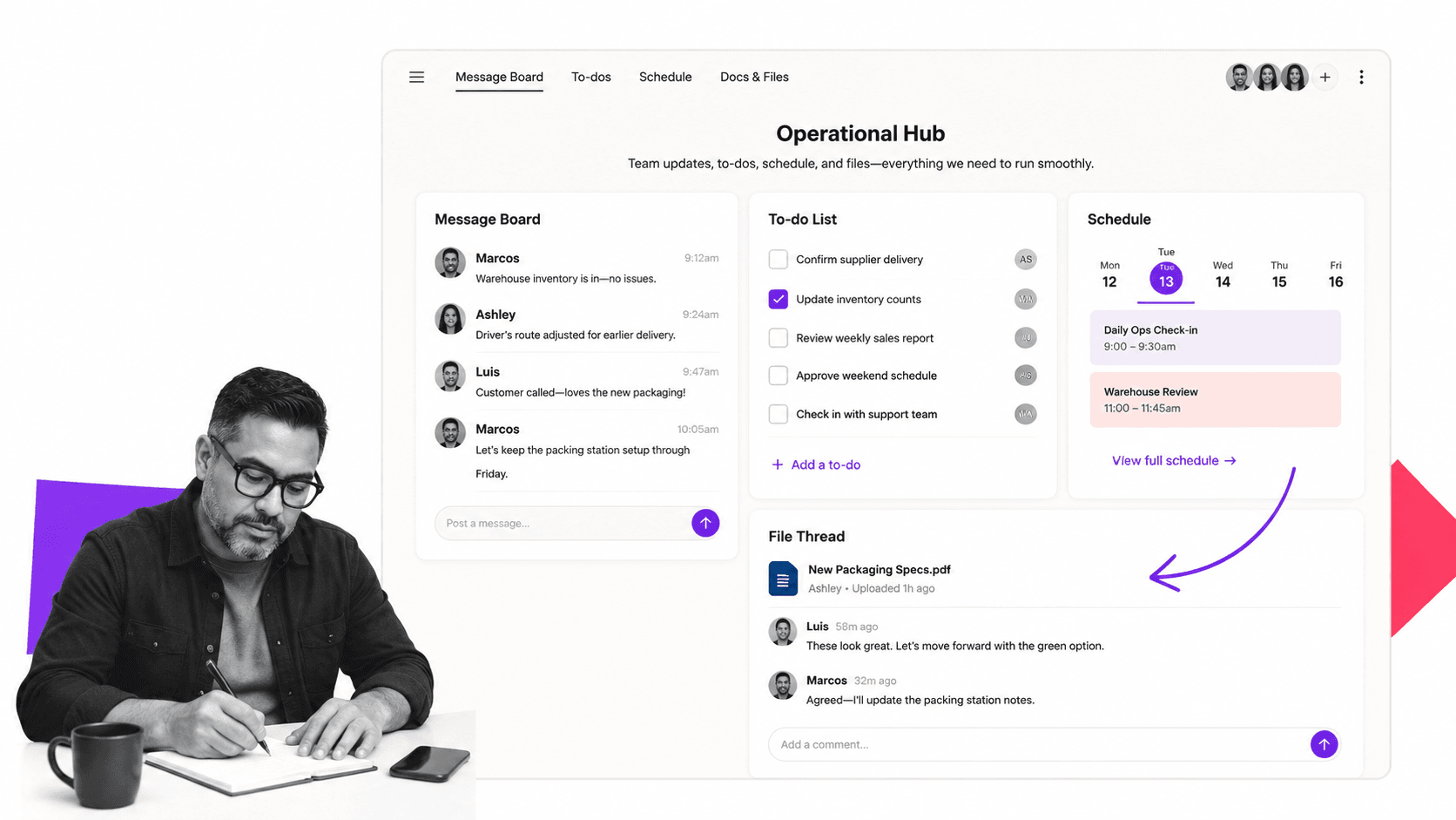 Basecamp operations management app interface with operator
