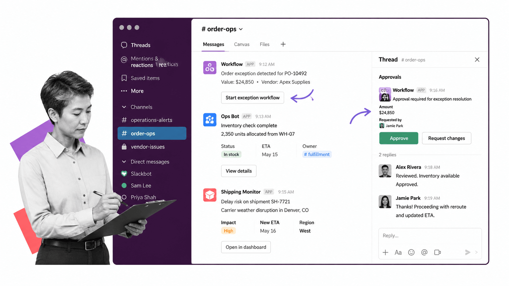 Slack operations management app interface with operator