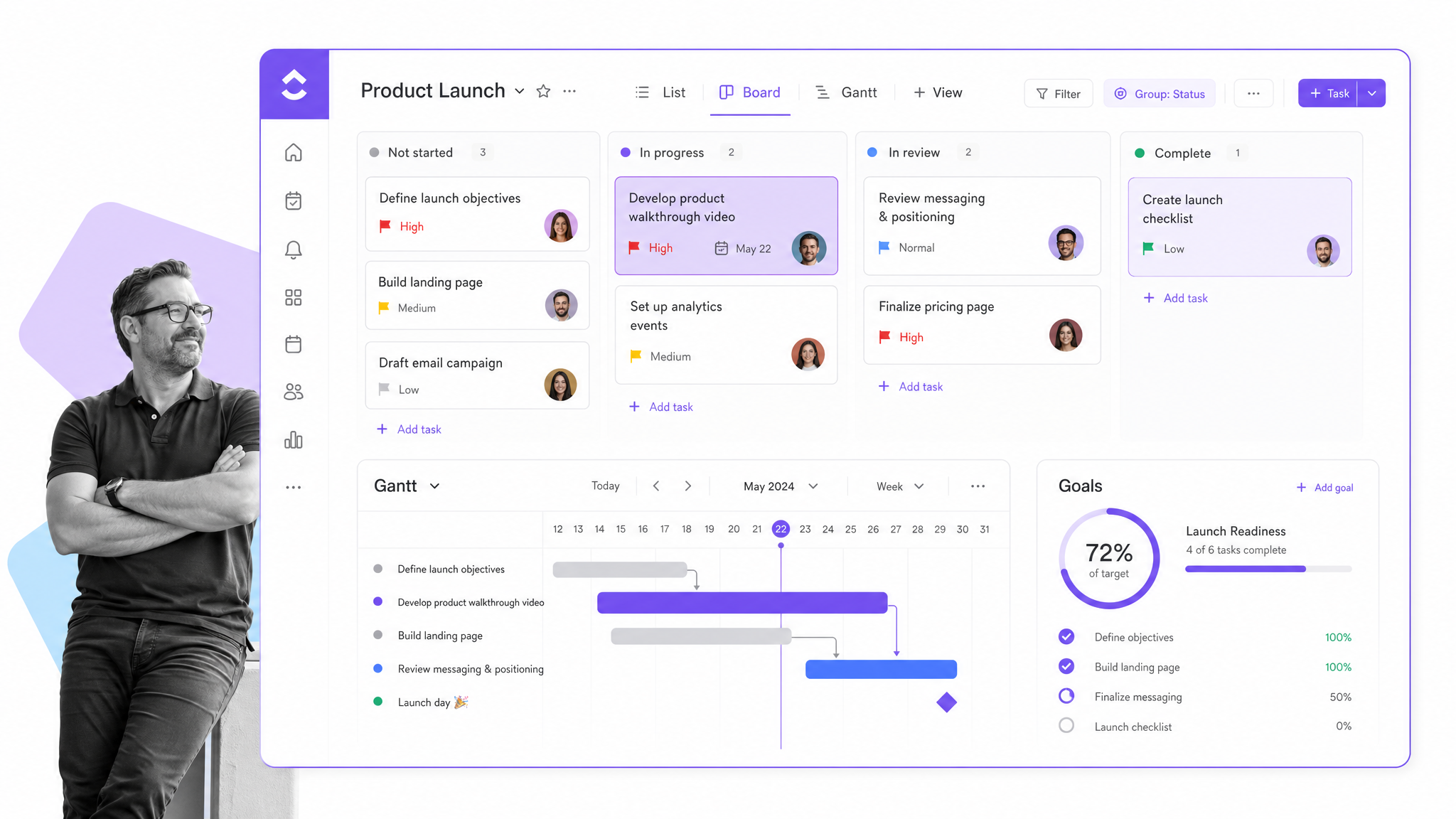 ClickUp task board with multiple views, assignees, and goals tracking