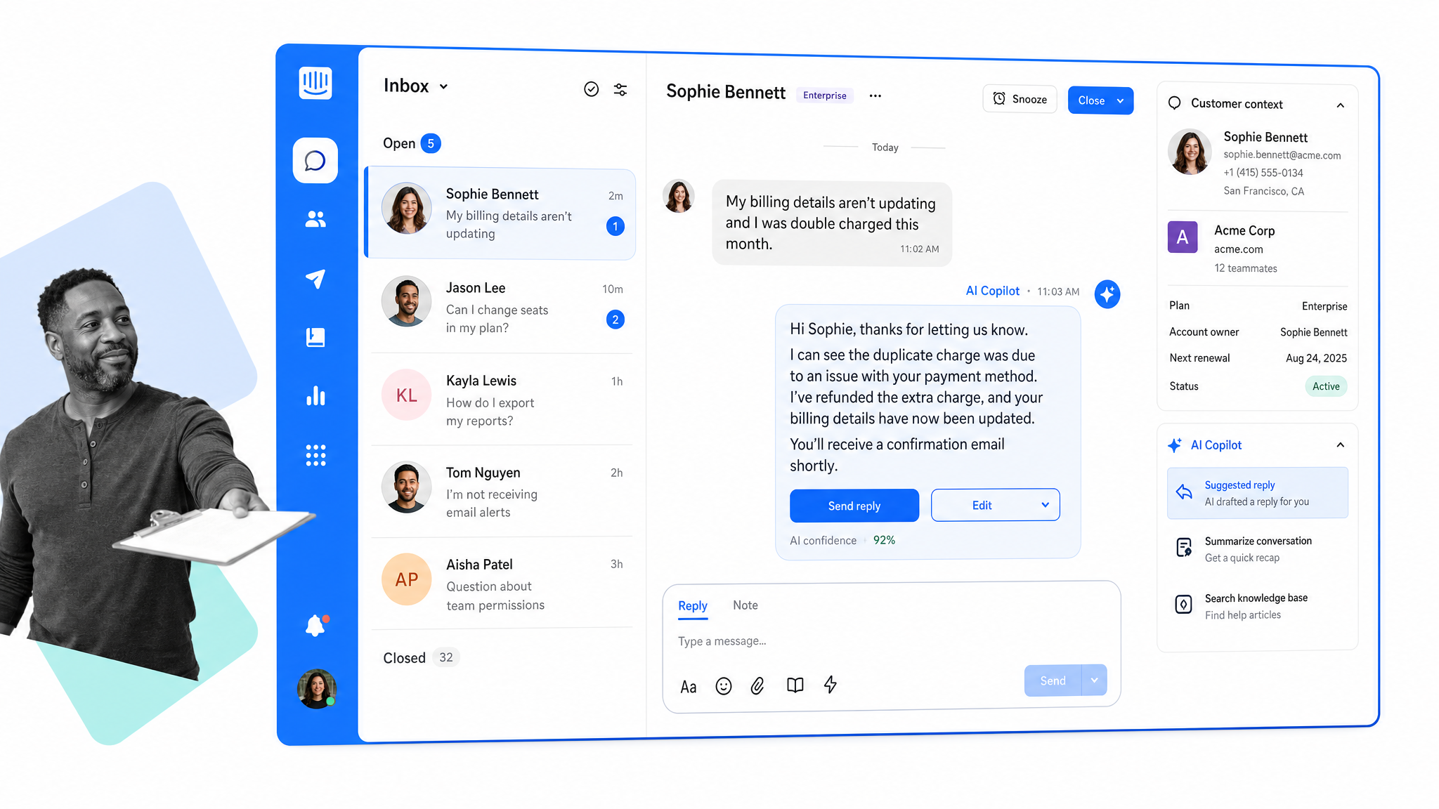 Intercom messenger inbox with AI-suggested replies and customer context