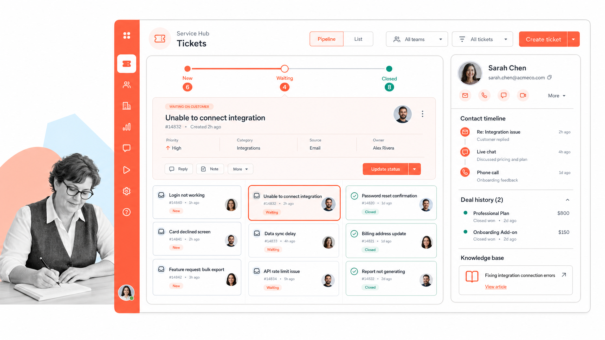 HubSpot service hub ticket pipeline with CRM customer record
