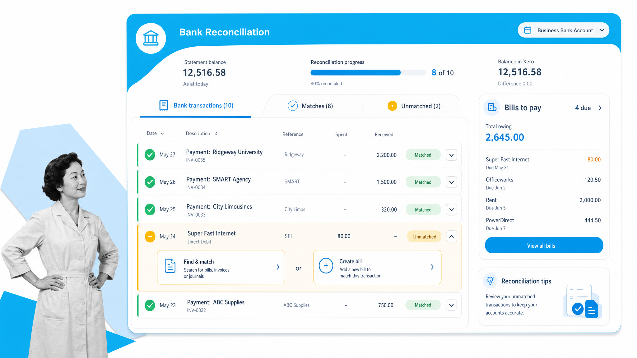 Xero bank reconciliation view with transaction matching and bills