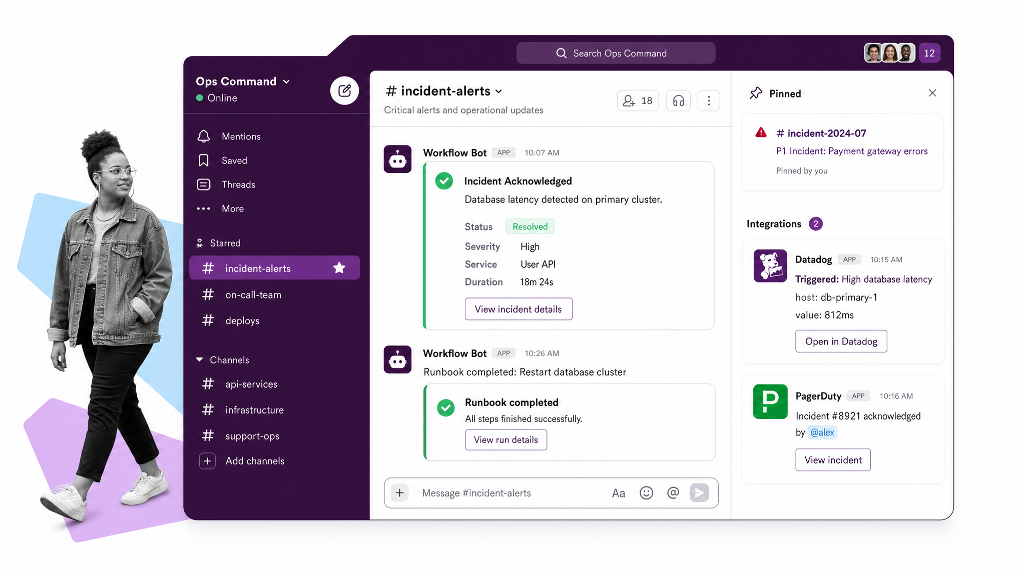 Slack channel workspace with workflow bot alerts and incident channel
