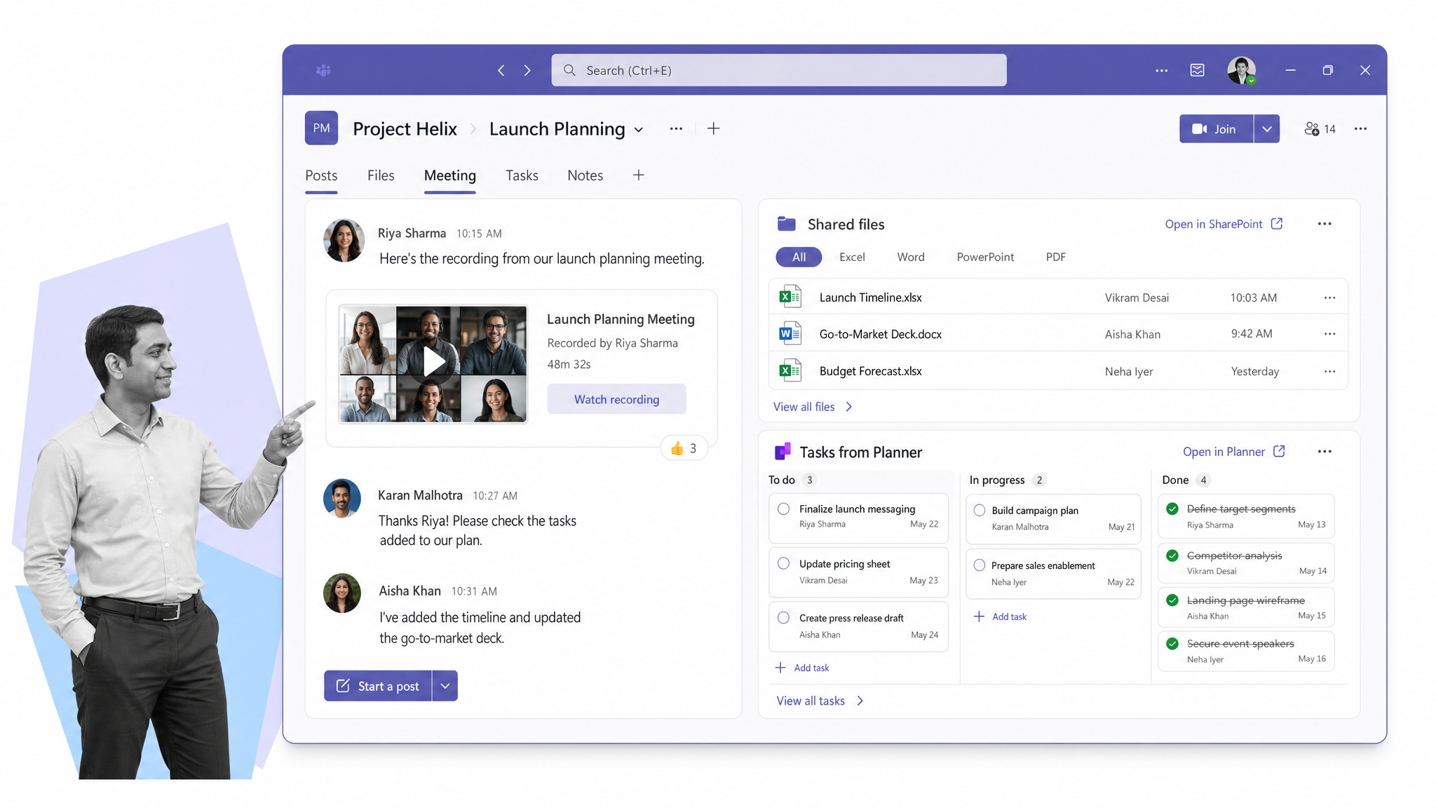 Microsoft Teams channel with meeting tab, shared files, and task integration