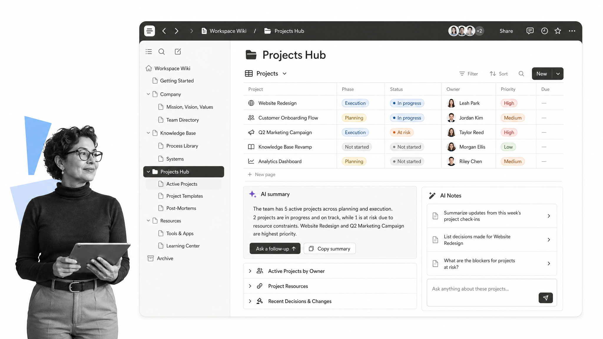 Notion workspace wiki with project database and AI-generated notes