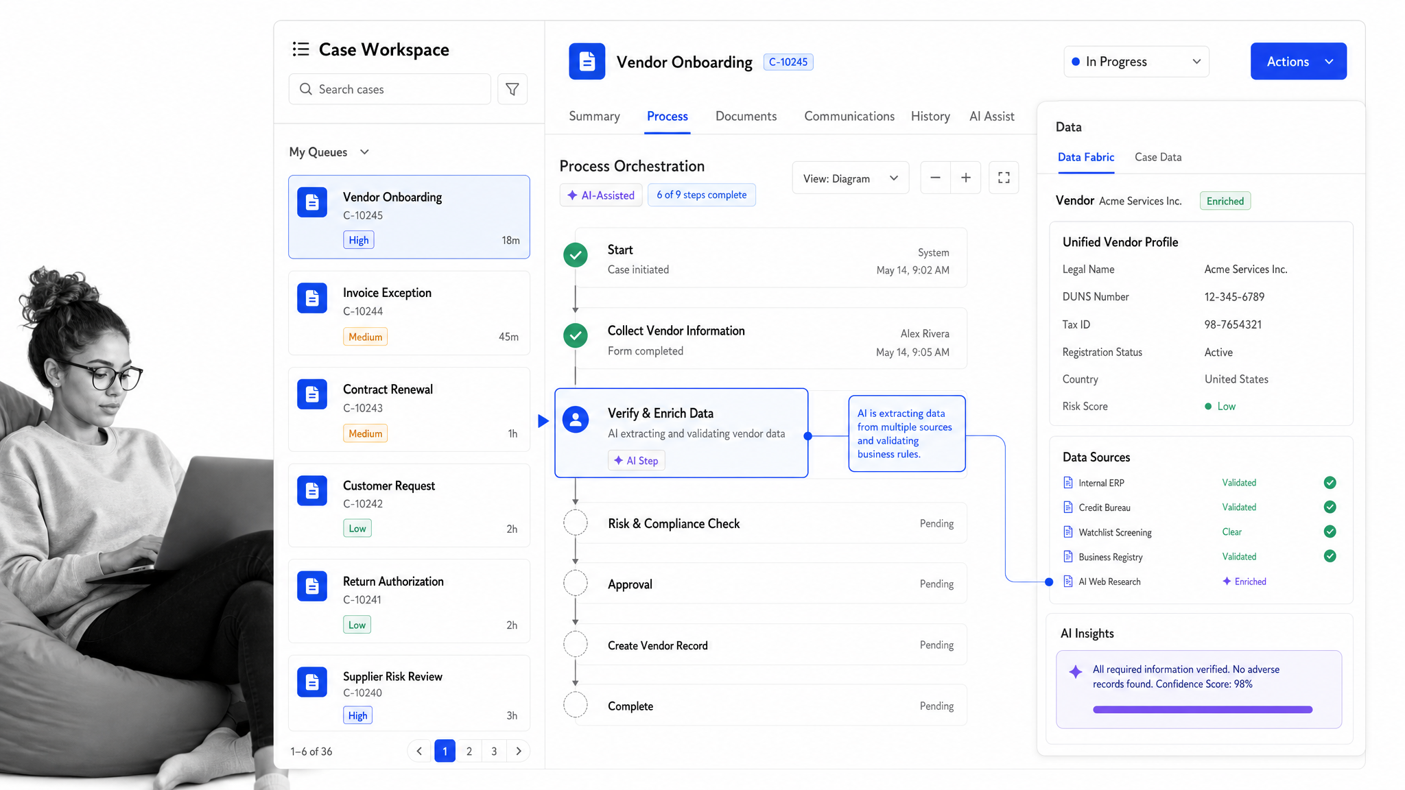 Appian process automation interface showing process orchestration workspace with case queue and data panel.