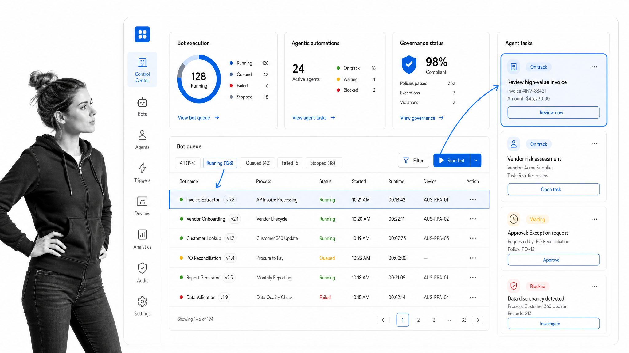 Automation Anywhere process automation interface showing bot management and agentic automation control center.