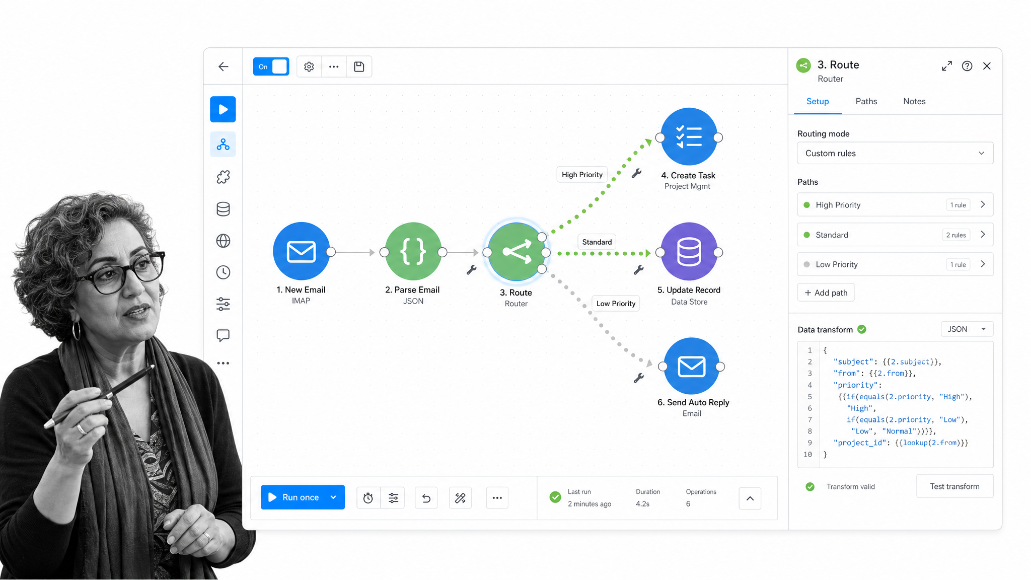 Make process automation interface showing visual scenario canvas with routers and modules.