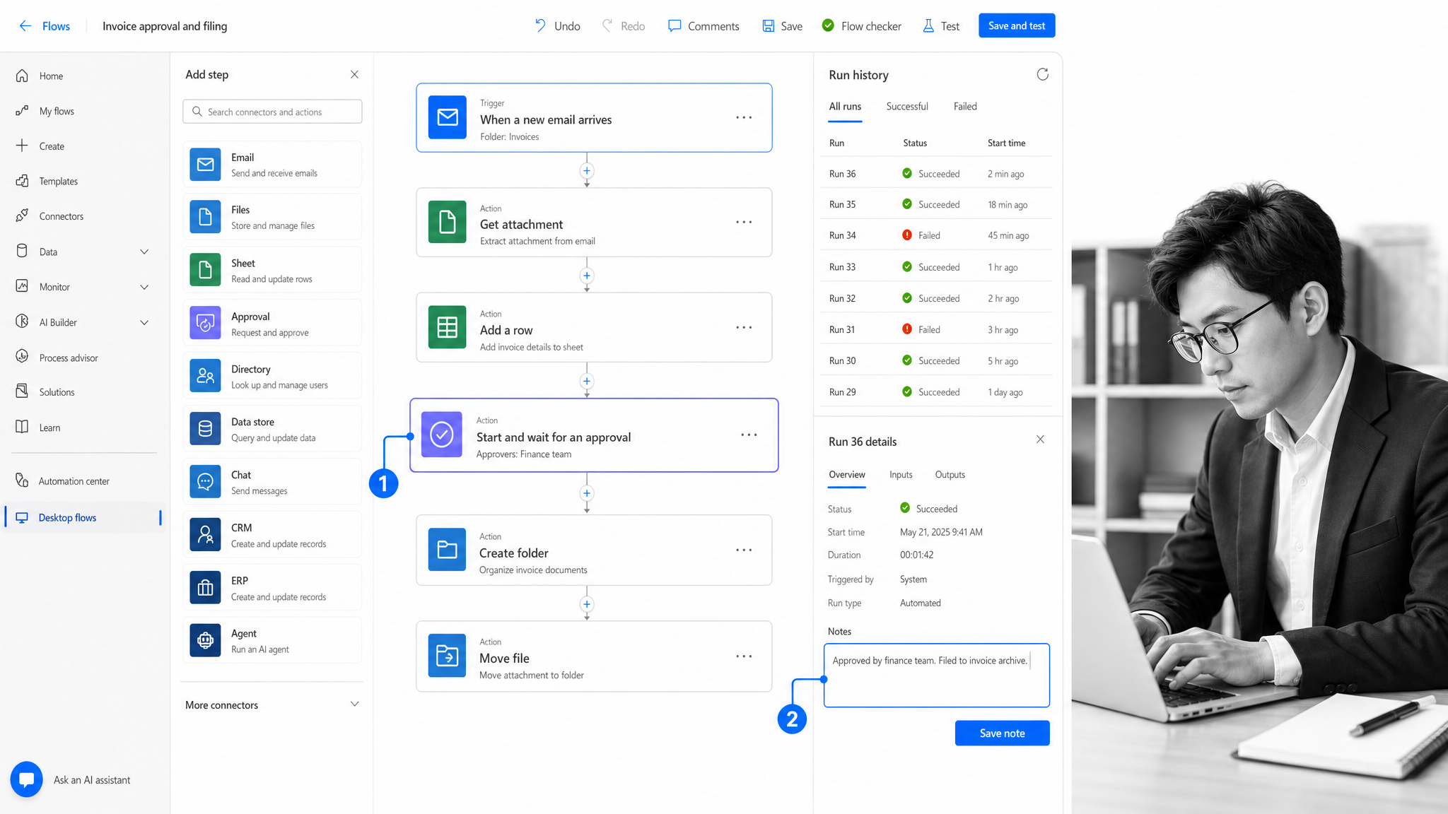Microsoft Power Automate process automation interface showing cloud flow builder connected to Microsoft 365 apps.