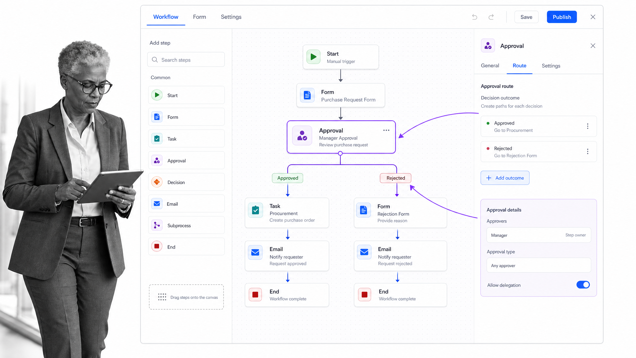 Nintex process automation interface showing workflow designer with forms and approval routing.
