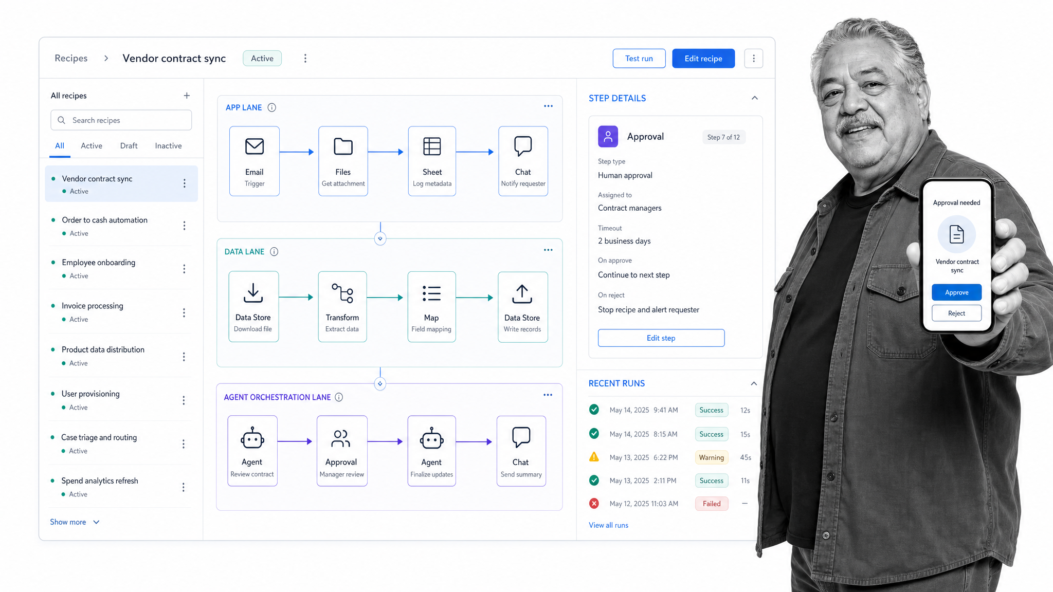 Workato process automation interface showing integration recipe dashboard with app, data, and agent orchestration lanes.