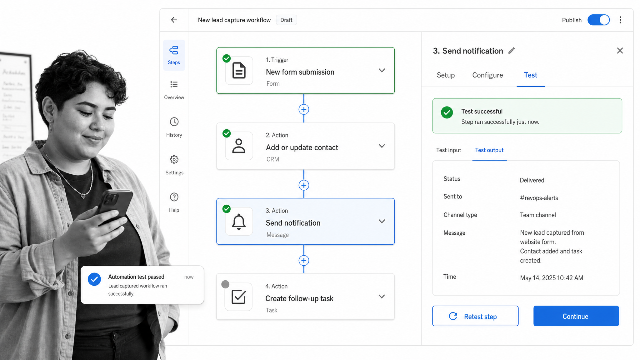Zapier process automation interface showing Zap editor with trigger and action steps.