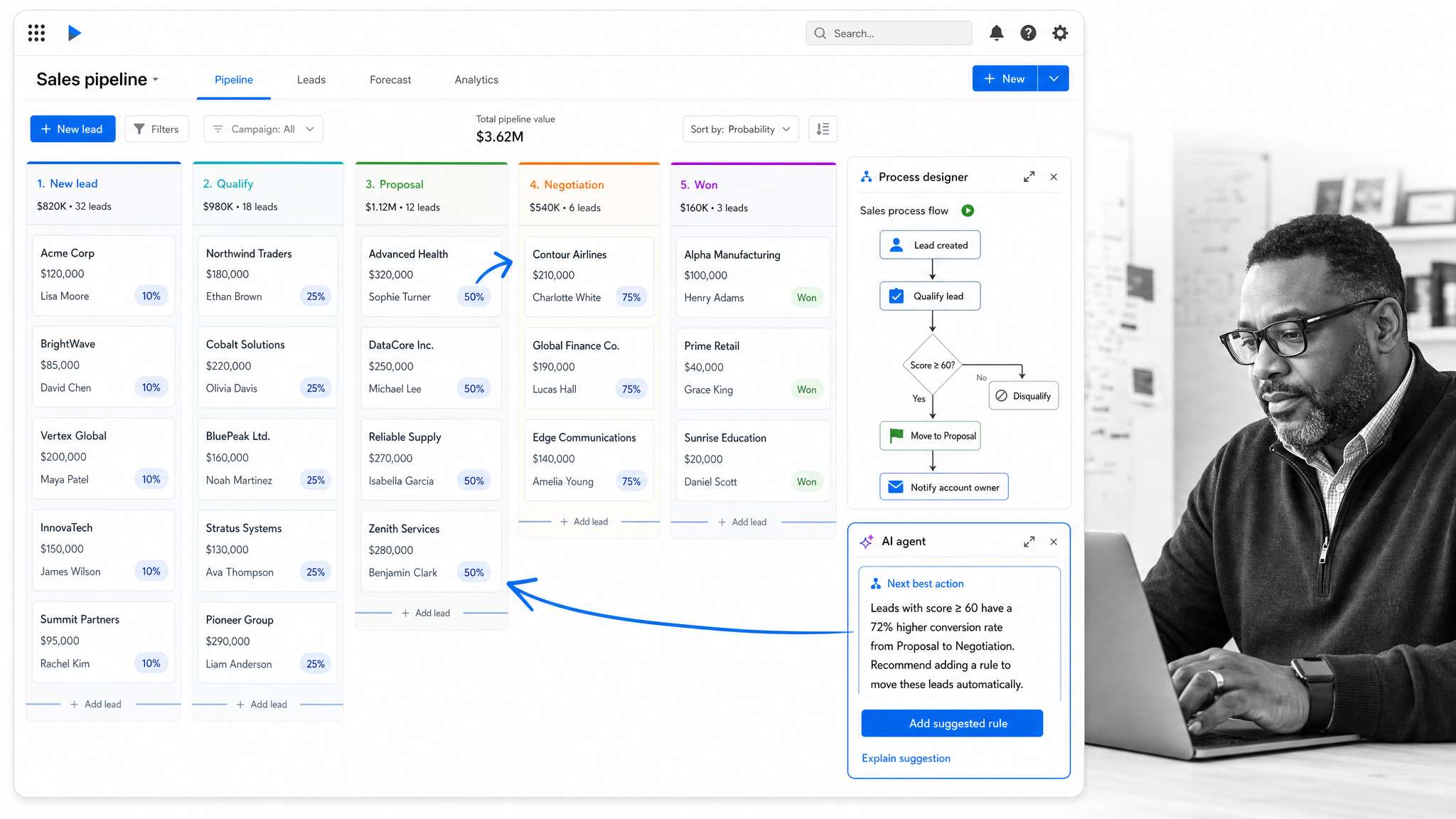 Creatio no-code CRM pipeline with a process designer and AI agent panel