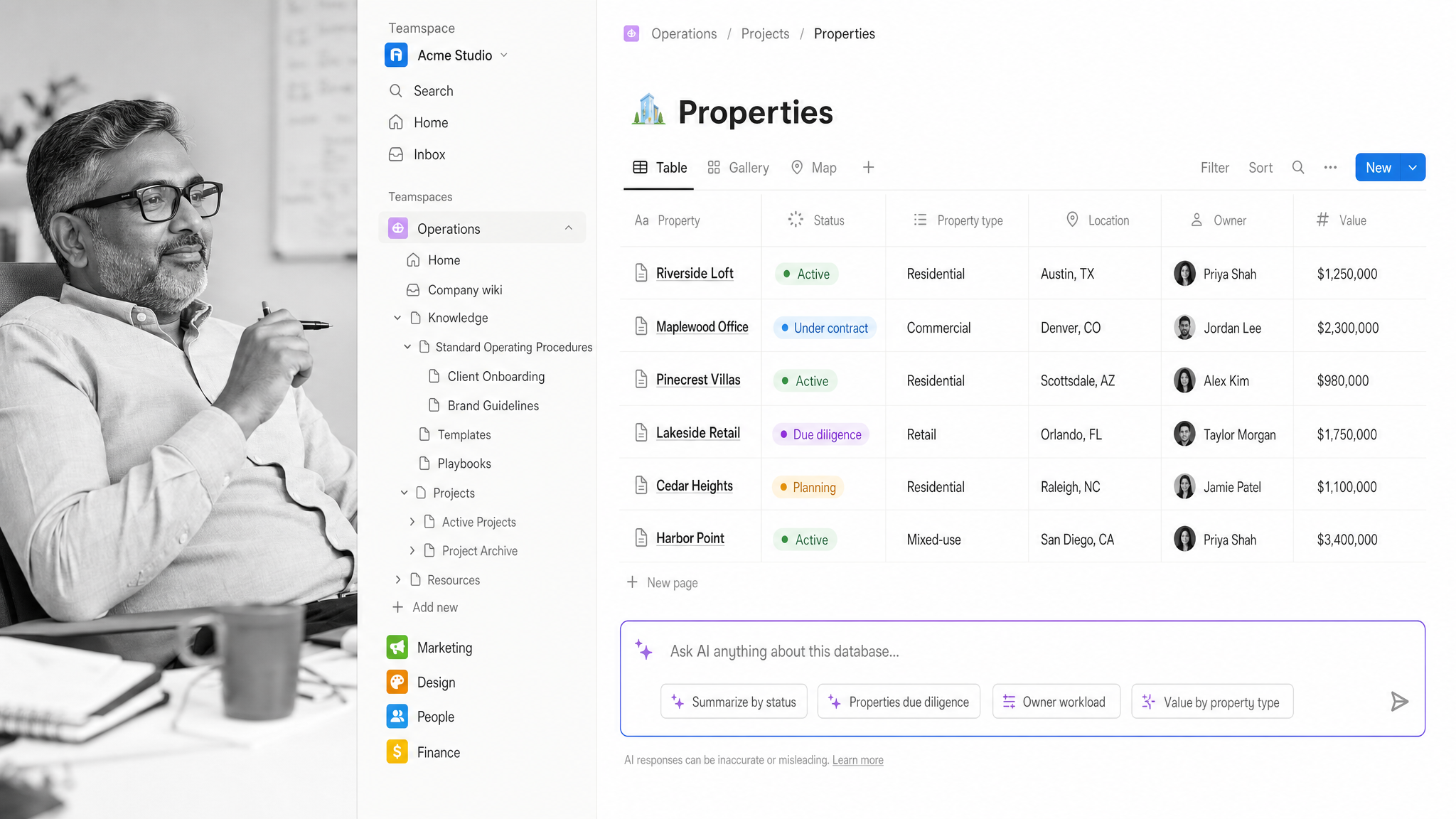 Notion workspace with a nested page sidebar and a database table with custom properties