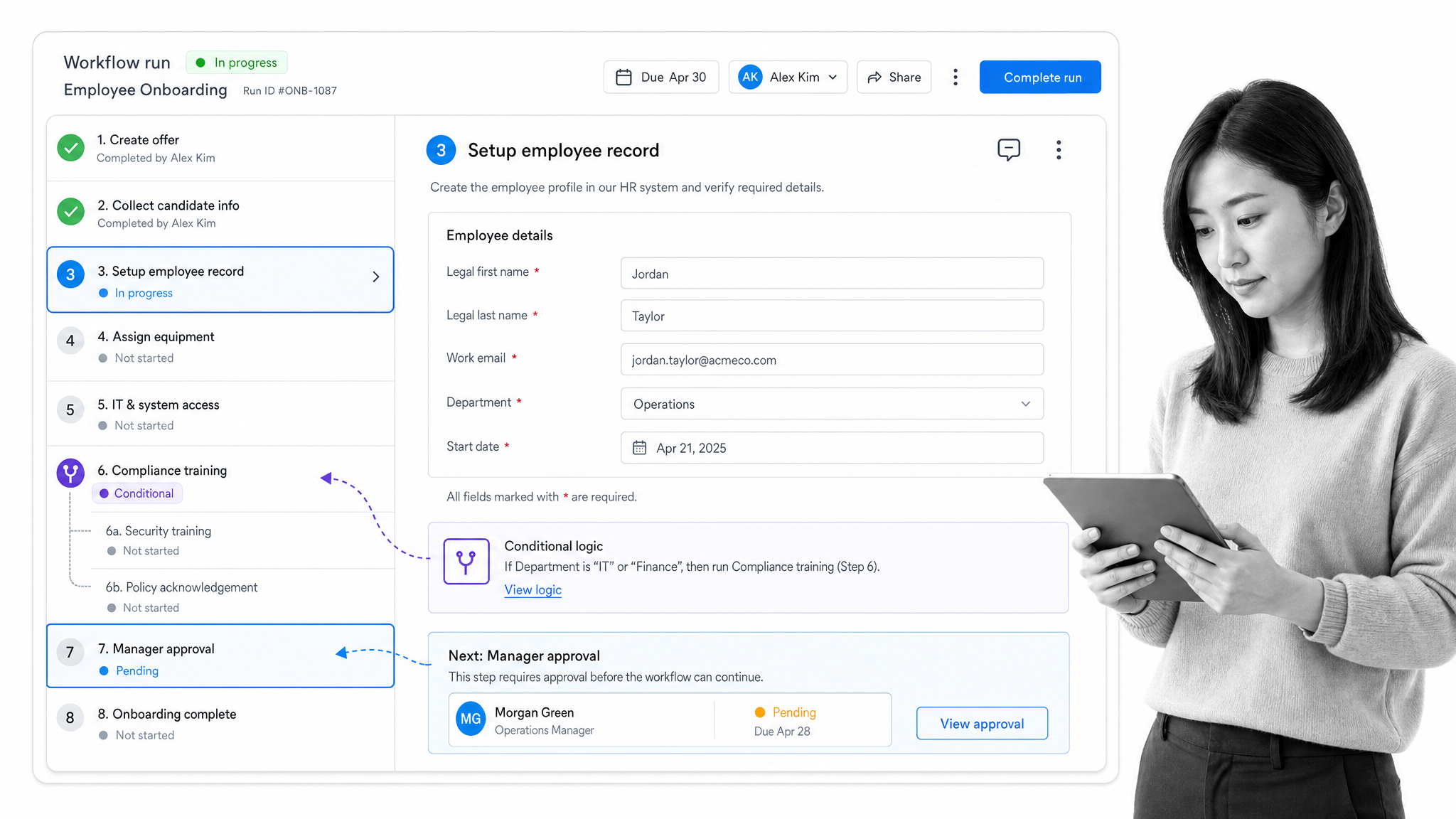 Process Street workflow run shown as a structured checklist with tasks, required fields, and an approval step