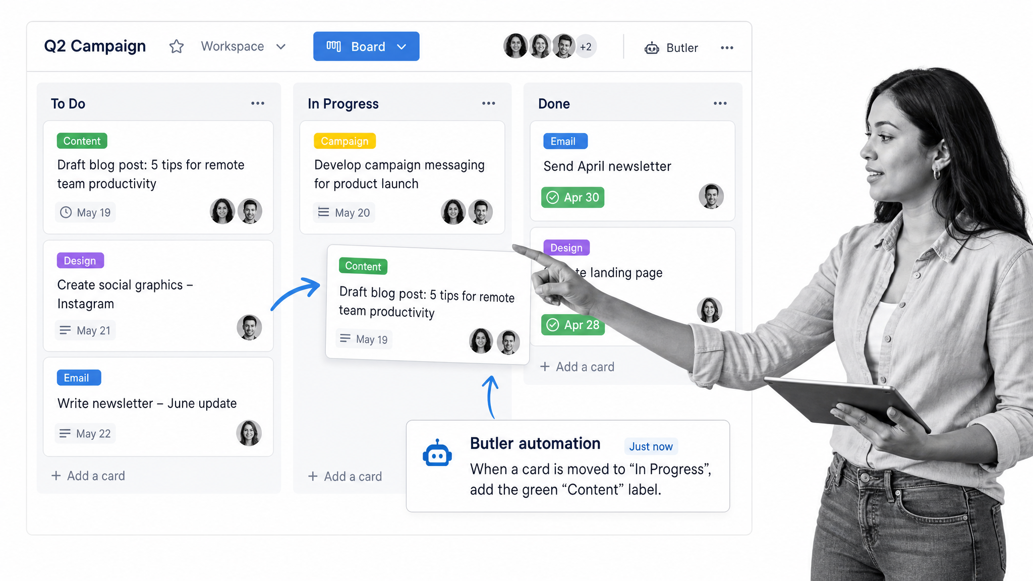 Trello Kanban board with lists, labeled cards, and a Butler automation rule