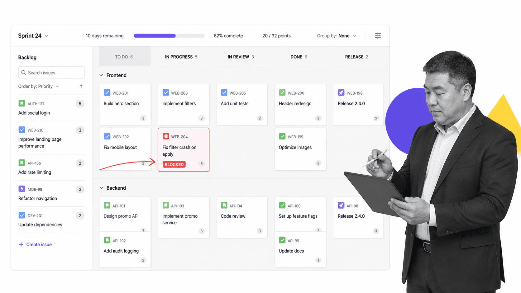 Jira project management tools example with sprint board and backlog