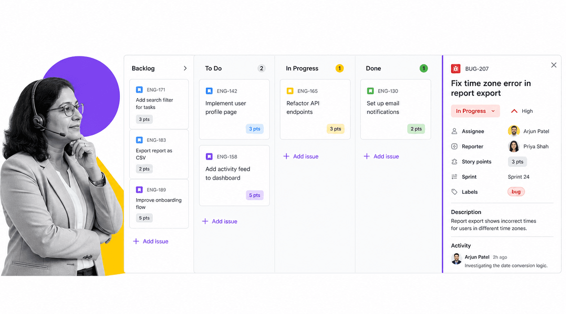 Jira project management tools sprint board with backlog drawer and issue detail panel