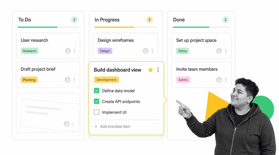 Trello project management tools Kanban board with lists cards and checklist preview