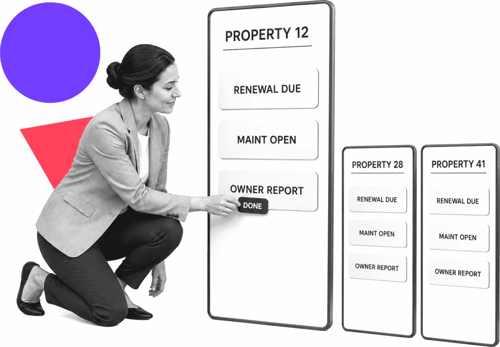 A regional property manager kneels beside labeled property task panels.