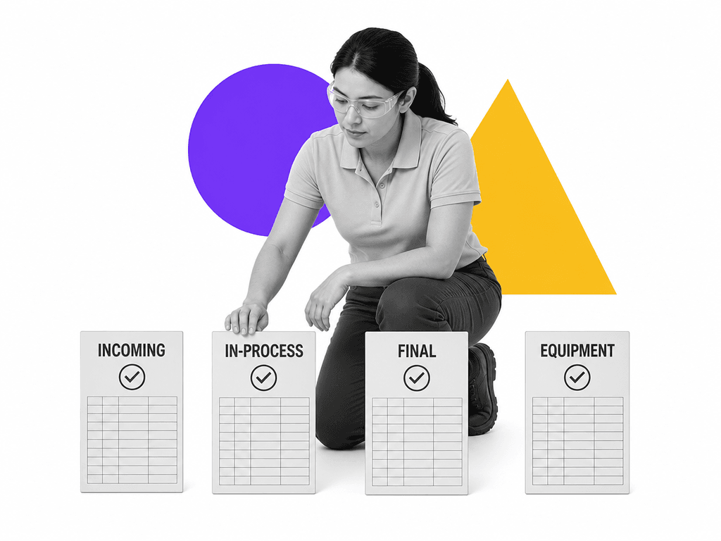 Quality inspector kneeling beside labeled inspection workflow cards.