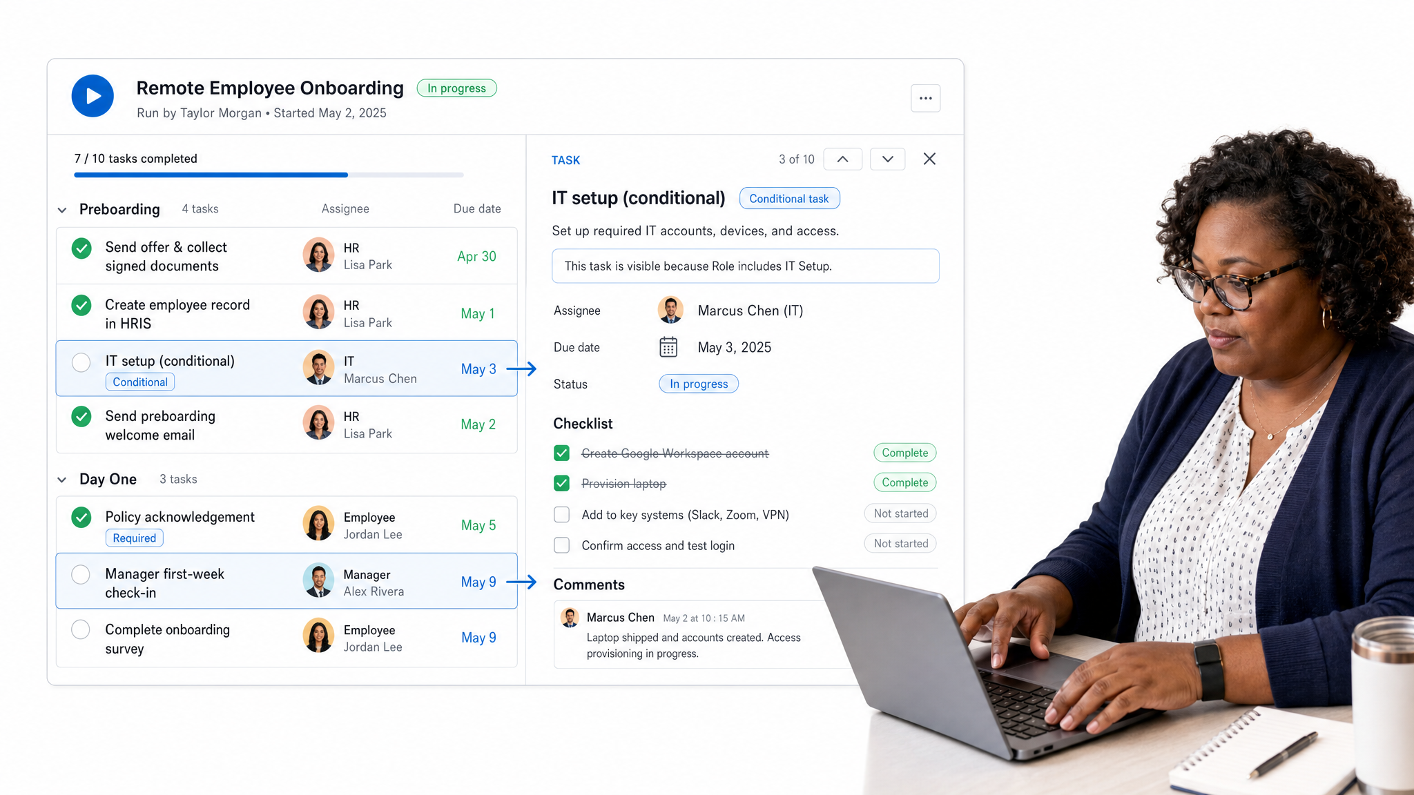 Process Street remote employee onboarding checklist with assigned tasks and due dates.